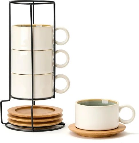 Miniatura 12 de LUKA - Juego de 4 tazas de café espresso apilables de cerámica con tablero de ajedrez en blanco y negro de 6 onzas, con platillos y soporte