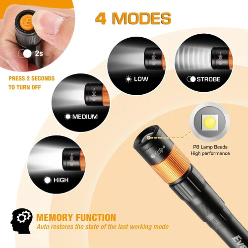 Miniatura 2 de EverBrite Paquete de 2 mini bolígrafos de luz, linterna recargable de bolsillo con cable USB C, 4 modos de luz, linterna pequeña de 300 lúmenes