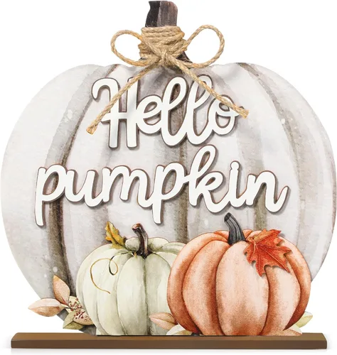 Miniatura 9 de Soaoo Decoración de Acción de Gracias, letrero de madera de otoño con texto en inglés "Hello Pumpkin", decoración de mesa de calabaza de otoño de 11