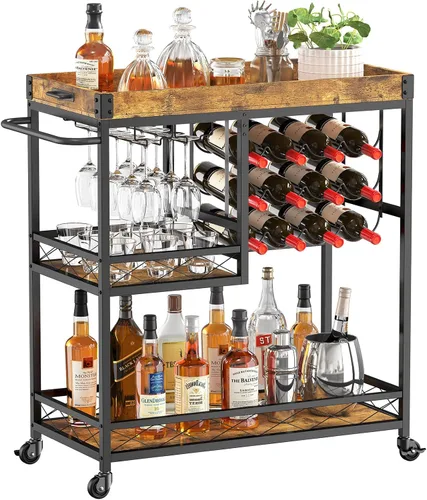 Lifewit Carrito de bar, carrito de servicio de bar en casa, carrito de bebidas de 3 niveles con 12 estantes para botellas de vino, carrito de