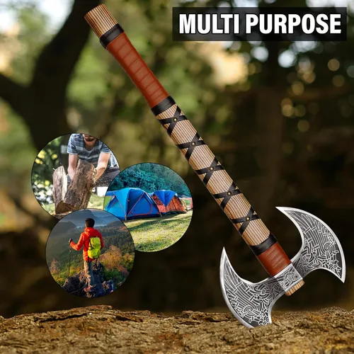 Miniatura 5 de SHINY CRAFTS® Hacha Vikinga Hecha a Mano – Hoja Nórdica Grabada con Mango de Madera Regalo Único para Hombres, Coleccionistas, Cosplay y Decoración