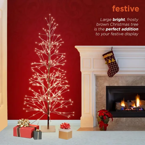 Miniatura 6 de Alpine Corporation Árbol de Navidad artificial marrón flocado de 71 pulgadas de alto con 296 luces LED blancas cálidas, decoración navideña