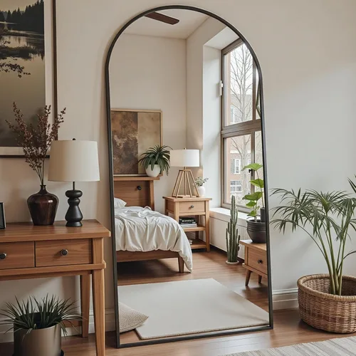 Espejo de pie de 78 x 38 pulgadas, espejo grande arqueado con soporte, para dormitorio o tocador, espejo de cuerpo completo para colocar de pie,