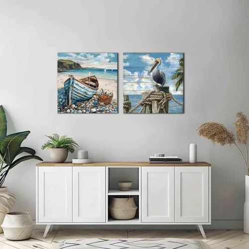 Miniatura 4 de Decoración de baño, arte de pared de playa, tema oceánico, imagen azul, impresión en lienzo, obra de arte costera moderna, enmarcada para colgar