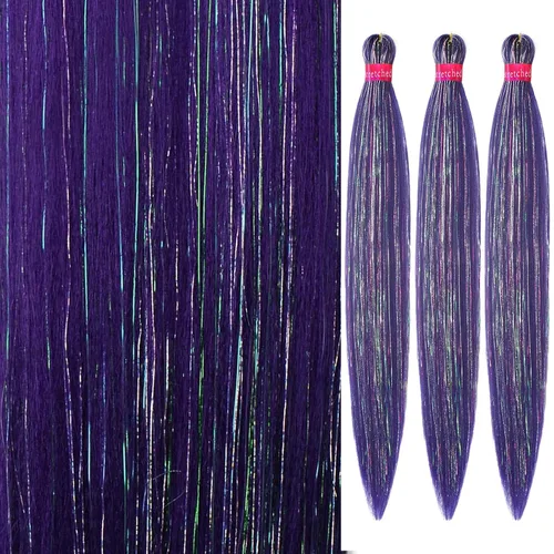 Miniatura 47 de Cabello trenzado verde con lentejuelas de 26 pulgadas, preestirado, trenzas de textura Yaki, extensiones de cabello pre plumadas, 3 paquetes, fácil