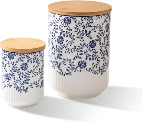 Miniatura 9 de Juego de recipientes para cocina - Recipientes de cerámica para encimera con tapas herméticas de madera - Recipientes para harina y azúcar