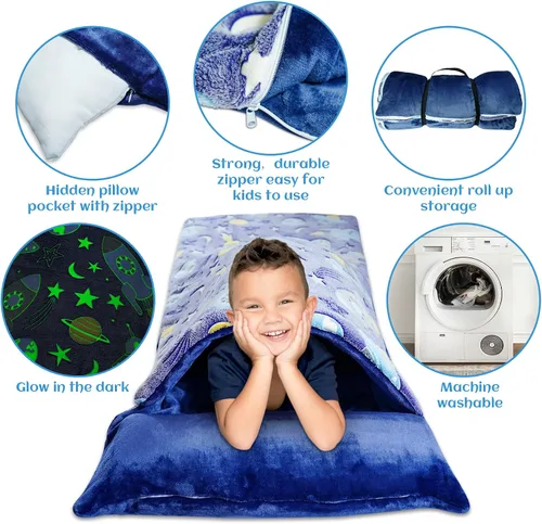 Miniatura 5 de Saco de dormir para niños que brilla en la oscuridad, para niñas y niños, tapete para siesta de 62 x 28 pulgadas, suave y cómodo para fiestas