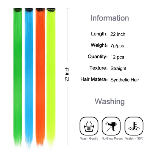 Miniatura 3 de Paquete de 12 extensiones de cabello de colores arcoíris, mechones para fiestas, 22 pulgadas, extensiones de cabello coloridas con clip, mechones