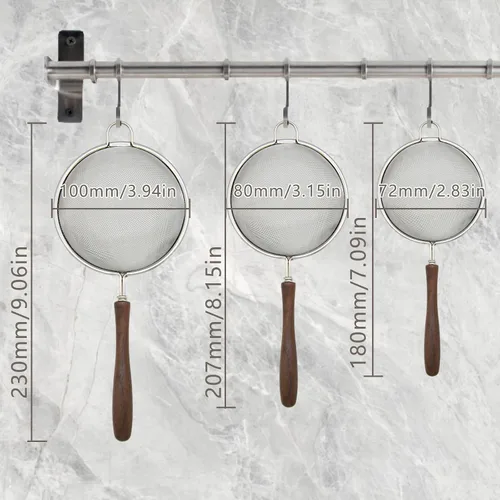 Miniatura 4 de Juego de 3 coladores de malla para cocina, colador de acero inoxidable 304 con mango de madera, tamices para alimentos, té, arroz, aceite, fideos