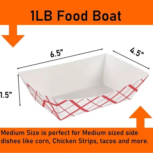 Miniatura 2 de Botes medianos de papel para alimentos, bandejas de papel a cuadros rojos y blancos. Mediano (1 libra). Paquete de 100, botes desechables