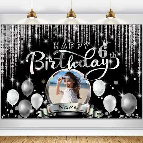 Miniatura 65 de Cartel de decoración de feliz cumpleaños número 100 personalizado - Personalización disponible - Negro y plateado - Tamaño grande - Admite fotos