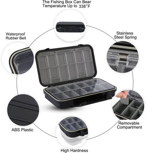 Miniatura 6 de Goture Pequeña caja organizadora de aparejos de pesca con tecnología impermeable, compartimentos fijos, caja de almacenamiento de señuelos de Negro