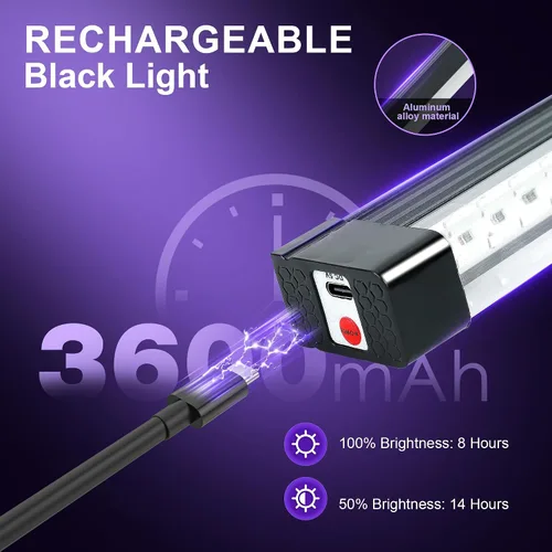 Miniatura 2 de Paquete de 4 Barras de Luz Negra Recargables 10W Operadas por Batería, Luces Negras Portátiles para Fiestas de Luz y Pesca