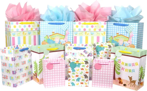 Miniatura 2 de FZOPO Surtido de bolsas de regalo para bebé, bolsas de regalo de papel resistente, paquete de 12 bolsas pequeñas, medianas y extra grandes para baby