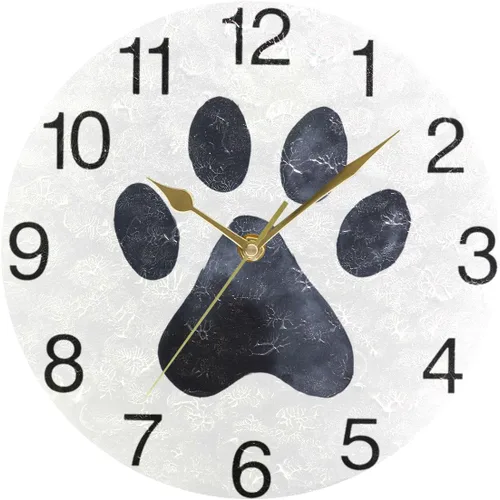 Miniatura 5 de senya Reloj de pared redondo con diseño de pata de perro negro, pintura al óleo silenciosa sin tictac, decorativo para el hogar, oficina, escuela