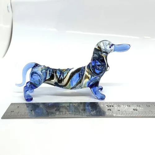 Miniatura 2 de Figuras en miniatura de perro salchicha soplado a mano, arte de animales coleccionables, regalo para decoración del hogar (4 pulgadas, azul negro)