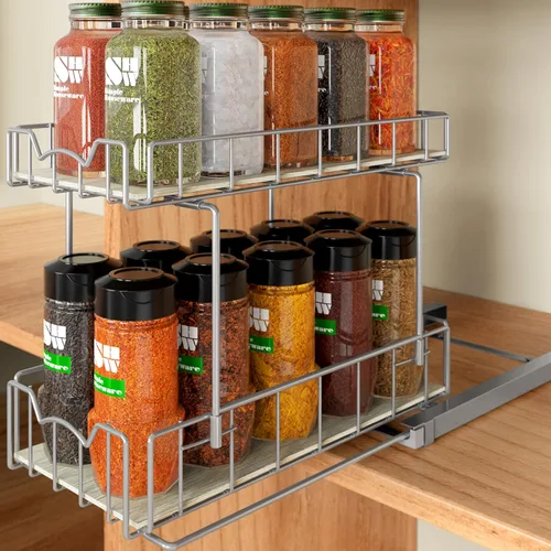 Simple Houseware - cajón organizador de cesta deslizante de 2 niveles para especias, plateado