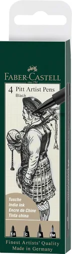 Faber-Castell Art & Graphic Pitt Artist Pen India Ink Pen, negro, billetera de 4, para arte, manualidades, dibujo, bocetos, hogar, escuela,