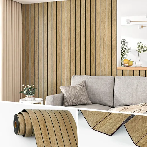 Miniatura 11 de Wallercity Paneles acústicos de listones de madera marrón claro para decoración elegante, reducción de ruido, paneles de grano de madera con textura