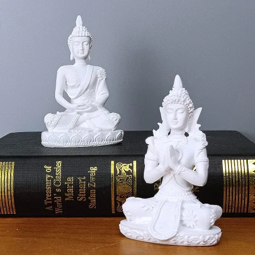 Miniatura 3 de HYFAN Estatua armoniosa de meditación de Buda de piedra arenisca para manualidades, escultura de Feng Shui, decoración para el hogar, oficina