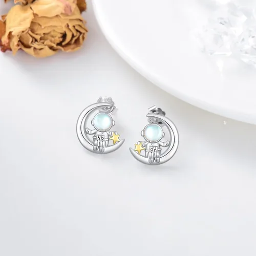 Miniatura 4 de SLIACETE Aretes de astronauta de plata de ley 925, aretes de astronauta y luna, bonitos aretes de estrella espacial, regalo de cumpleaños