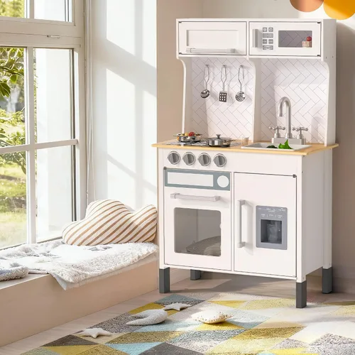 Miniatura 2 de Juego de cocina, cocina de madera para niños pequeños con grifo, fregadero, máquina de hielo, juguetes de cocina, alturas ajustables, estufa, cocina
