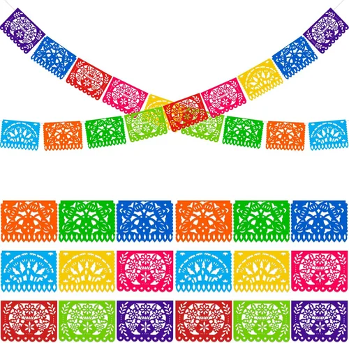 Miniatura 13 de DomeStar - Decoración de fiesta mexicana, pancarta de papel picado de plástico de 18 pies, banderines de fiesta de Cinco de Mayo para suministros