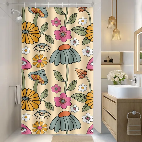 Miniatura 13 de Aimego Cortina de Ducha Pequeña para Cabina - Lindo Hongo Retro Boho Floral de los Años 70 Planta Funky Groovy Flores Hippie Estrecha Media Tela