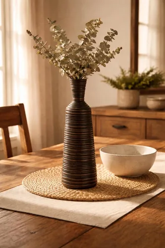 Miniatura 4 de AeraVida Jarrón de madera de mango en forma de botella de 14 pulgadas con rayas horizontales, jarrón alto de madera natural rústica para seda