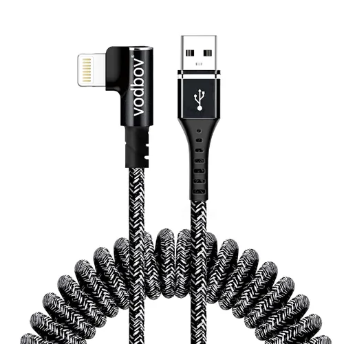 Miniatura 2 de Cable USB-A a Lightning en espiral de 90° (negro cebra) – trenzado, carga rápida, cable de carga de coche en ángulo recto, estiramiento de 2 a 8