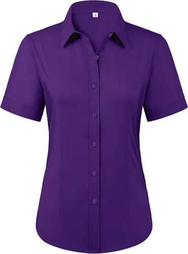 Miniatura 11 de Siliteelon - Camisas de vestir con protección contra manchas, sin arrugas, de manga corta, color liso, con botones, para mujer