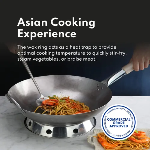 Miniatura 3 de New Star Foodservice Juego de wok de acero al carbono, fondo redondo de 14 pulgadas, martillado a mano con mango auxiliar de madera y acero, incluye
