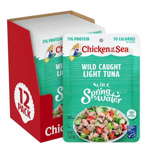 Chicken of the Sea Atún ligero capturado en agua de manantial, paquetes de 2.5 onzas, 12 unidades, atún alto en proteínas 100% en agua, comidas