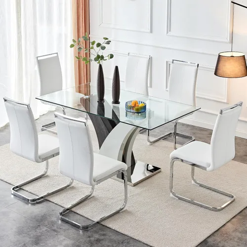 Miniatura 9 de AZmac Juego de mesa de comedor de cristal para 4, juego de mesa de comedor de 63 pulgadas para 4, mesa de cocina moderna y 4 sillas de comedor