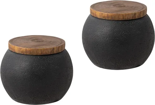 Miniatura 11 de COSIEST Mesa auxiliar de tambor con forma de cilindro de hormigón con parte superior de madera sintética, mesa de acento negra para exteriores