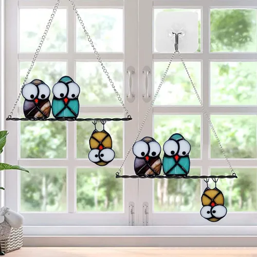 Miniatura 4 de Panel de Atrapasoles de Vidrio Vitral Multicolor con Búhos en un Alambre, Atrapasueños de Pájaros para Ventanas, Puertas, Habitación, Decoración