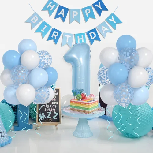 Miniatura 4 de Globos azul bebé y blancos y globo número 1 de 40 pulgadas, decoraciones de primer cumpleaños para niño con globos de confeti azul y blanco