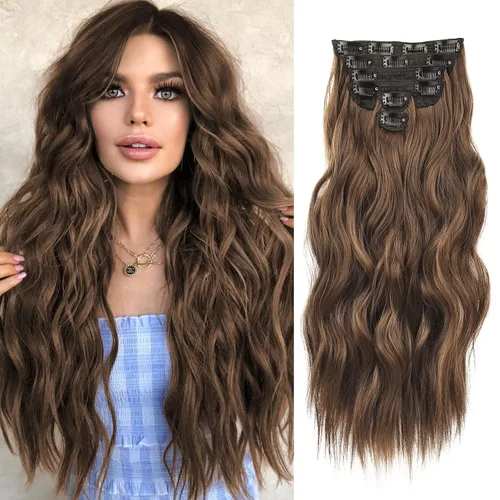 Miniatura 35 de NAYOO Extensiones de cabello con clip, de 20 pulgadas, largo, ondulado, rizado, rubio ceniza, extensiones de cabello sintético de cabeza completa