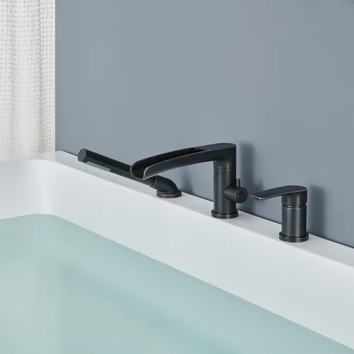 Miniatura 8 de Wowkk Grifo de bañera romana en cascada de bronce aceitado para montaje en cubierta, grifos de baño de latón con ducha de mano Oil Rubbed Bronze