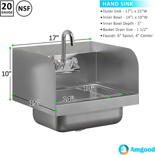 Miniatura 4 de AmGood Fregadero de mano de acero inoxidable para montaje en pared con grifo y salpicadura lateral de 17 x 15 pulgadas Lavabo de manos comercial