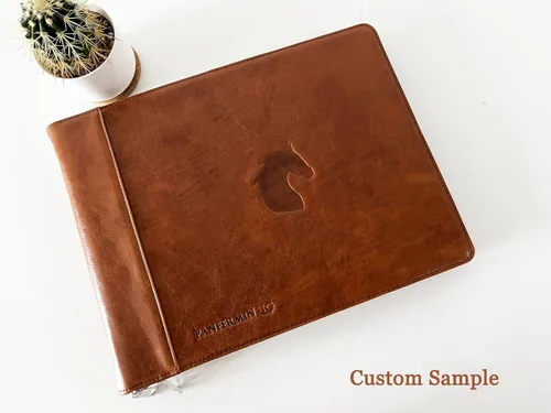 Miniatura 4 de Cuaderno de cheques personalizado de cuero para negocios, carpeta de 7 anillos grabada con soporte para libro de cheques para 3 por página, Marrón