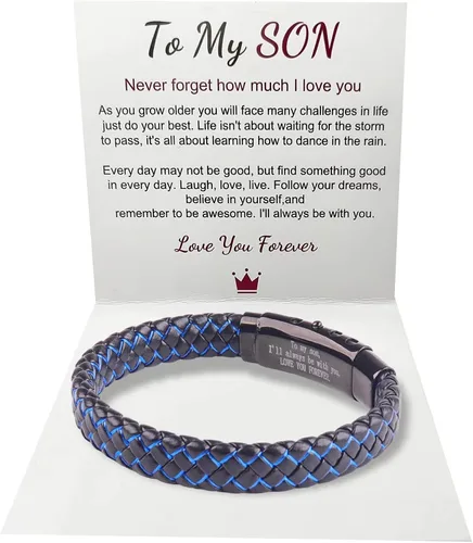 Miniatura 23 de Pulsera de cuero trenzado con texto en inglés «Love You Forever» para hombres y niños, pulsera inspiradora de acero inoxidable, pulsera de cuero