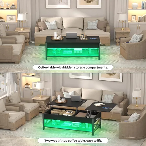 Miniatura 7 de Aheaplus Mesa de Centro Elevable Negra con Luz LED, Tomas de Corriente y Estante de Almacenamiento, 41.7"An x 19.69"L x 19.7"Al