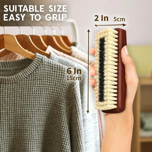 Miniatura 3 de KONEX Cepillo de pelusa de madera oscura para ropa, cachemira, bolsos, firme, compacto, estilo vintage, cerdas sintéticas, mango de madera beige