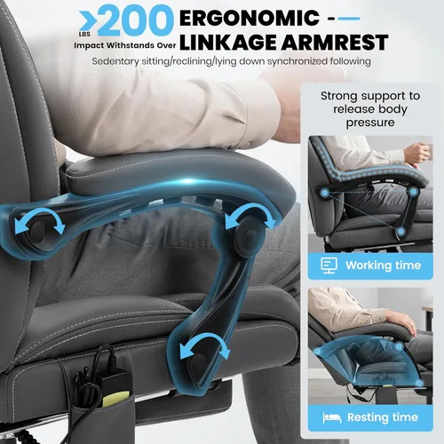 Miniatura 8 de Silla de oficina de masaje y calor con reposapiés, silla ejecutiva ergonómica reclinable de 90-160° para personas grandes y altas, 400 libras, Negro