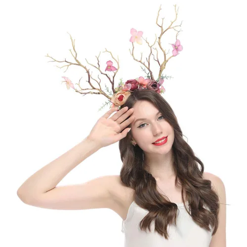 Miniatura 6 de Minkissy Diadema de cornamenta de ciervo, diadema de cuernos de reno de Navidad, diadema de ramas de árbol, tocado para el cabello, accesorios