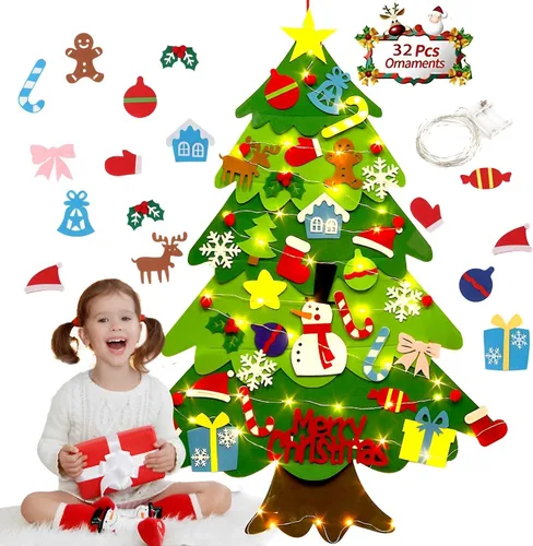 Miniatura 9 de Árbol de Navidad de fieltro Montessori para niños pequeños, árbol de Navidad de 3.2 pies de bricolaje para pared con 32 adornos y luces LED, árbol