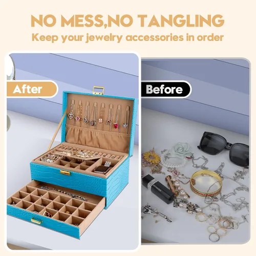 Miniatura 4 de Gifturbo Caja organizadora de joyas para mujeres y niñas, cajas de joyería de piel sintética azul, 3 capas de joyería, caja de regalo para pulseras