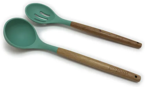 Miniatura 3 de Prepara Juego de 2 cucharones de sopa y cuchara ranurada de acacia y silicona, color verde espuma de mar