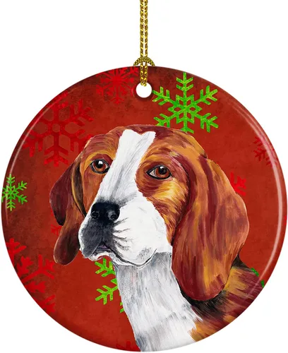 Miniatura 48 de Caroline's Treasures Bulldog English - Copos de nieve rojos y verdes, adorno de cerámica de Navidad, decoración colgante para el hogar, Navidad